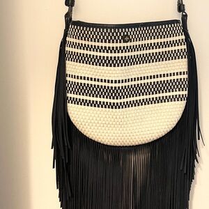 Tory Burch navy blue and white woven fringe bag purse